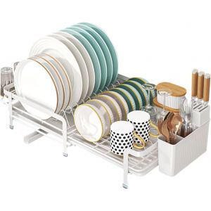 Jexnovashop-Egouttoir Vaisselle Extensible &Eacute;gouttoir &Agrave; Vaisselle Sur Cuisine Evier Metal Dish Drying Rack Avec Plateau Dish Drainer Avec Porte Couverts Et Porte Tasse (Blanc) - Neuf