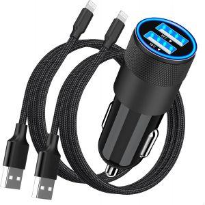 KALANKA-[Certifi&eacute; Apple MFi] Chargeur De Voiture iPhone Charge Rapide, 4.8A Double USB Allume-Cigare Chargeur USB Voiture Avec 2 C&acirc;bles Lightning Tress&eacute;s Pour iPhone 14 13 12 11 Pro XS Max XR X 8 iP - Neuf