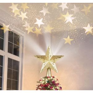 Cimier De Sapin De Noël, Étoile Lumineuse Rotative 3d Avec Projecteur En Forme D'étoile Pour Décoration Intérieure Et Extérieure, Doré - Neuf