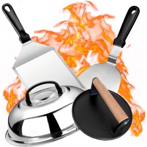 Ulteronixshop-4 pi&egrave;ces Kit Ustensiles Barbecue avec Grande Fonte Presse Burger et Spatules Coud&eacute;e Cuisine Acier Inoxydable et Cloche Plancha, Smash Burger Press Set pour Homme Cadeau Teppanyaki Grill - Neuf