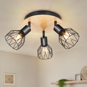 Kal-Plafonnier Led Orientable - Luminaire Cuisine 3 Spot - Plafonnier Industriel Noir Et Bois Plafond E14 - Rampe De Spots Applique Murale Chambre Sans Ampoule - Neuf