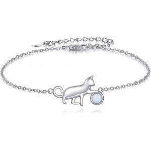 Cmjaagur-Bracelet Chat Pour Femme En Argent Sterling S925 Avec Opale, Chaîne À Maillons Réglable De 17,8 À 22,9 Cm, Taille Unique, Argent Sterling, Sans Pierre Précieuse, One Size, Argent St[M959] - Neuf