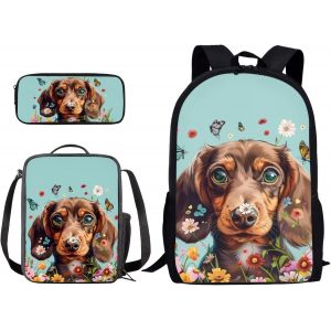 CHECARZHN--NO1-Sac À Dos D'École 3 Pièces Pour Étudiants, Garçons Et Filles, Sac D'École Avec Sac À Déjeuner Et Trousse À Crayons, Cadeau De Rentrée Scolaire, Chien Teckel Papillon Floral, Taille Uni - Neuf