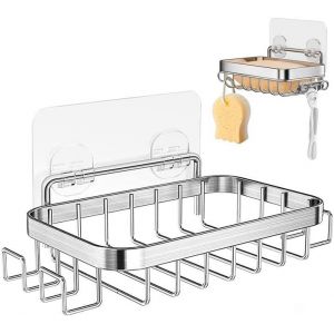 Adhesif Porte Savon INOX avec 4 Crochets,Carré Porte-Savon Douche,Porte Savon Mural sans Percage,Autoadhésif Support Savon Eponge en Acier Inoxydable pour Salle de Bain,Cuisine,Douche,Lavabo - Neuf