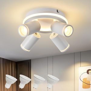 Spot De Plafond Ronde Orientable,4 Spots Led Plafonnier Pivotants 350°,Moderne Éclairage Luminaire Avec Lueur Inférieure 22W+4X5W Gu10,Blanc Chaud Spot Mural 3000K Pour Cuisine Salon,Blanc - Neuf