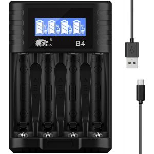 AA AAA Chargeur de Piles, 4 Slots pour 1.5V Li-ION 1.2V NiMH/NiCD AA AAA Piles Rechargeables, 5V/2A Charge Rapide avec LCD Display (USB-C Port) - Neuf