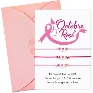 D&eacute;coration Octobre Rose Cancer Du Sein 3pcs Bracelets Perle &Agrave; Cordon R&eacute;glable C?ur Et Carte De V?ux Avec Enveloppe Rose C?ur Espoir De La Pr&eacute;vention Et Le Contr&ocirc;le Cadeau Femme Fille - Neuf