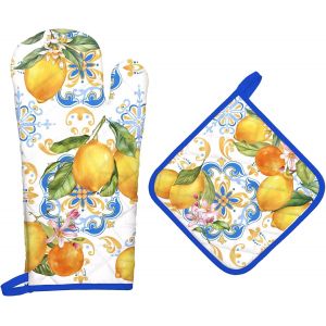 Gants De Four & Maniques Citron Lot De 2,100% Coton Maniques Cuisine Gant Four Anti Chaleur Extra-Longue Pour Barbecue,Cuisine,Griller,Micro-Ondes.[E5] - Neuf