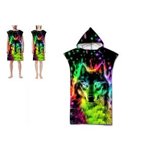 Peignoir De Plage Unisexe &Agrave; Capuche Et S&eacute;chage Rapide - Loup Vert, 75 X 110 Cm, Microfibre - Neuf