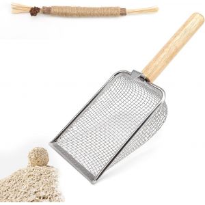 M&eacute;tal Pelle Litiere Chat,Acier Inoxydable Pelle Litiere,6 Mailles Pelle &Agrave; Chat En M&eacute;tal,Avec Jouet Pour Chat,Manche En Bois Pelle A Crotte Chat,Pour Bac &Agrave; Liti&egrave;re Pour Chat - Neuf