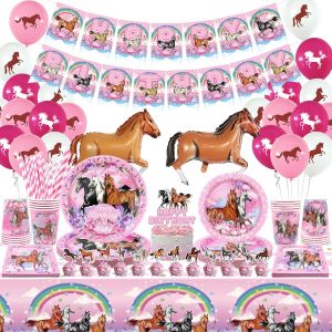Tianyi-159 Pcs D&eacute;corations De F&ecirc;te D'anniversaire De Cheval - Banni&egrave;re De Joyeux Anniversaire Sur Le Th&egrave;me Du Cheval Rose, Assiettes En Papier Serviettes Tasses Ballons G&acirc;teau Cupcake Topper Nappe - Neuf