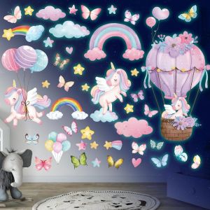 TRAHOO-Licorne &Eacute;toile Lumineuse Plafond Stickers Muraux Fluorescente Arc en Ciel Licorne Montgolfi&egrave;re Autocollant Mural Papillons Nuage D&eacute;coration Murale Chambre Fille Enfants B&eacute;b&eacute; P&eacute;pini&egrave;re Salon Ve - Neuf