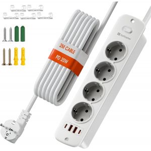 Multiprise escamotable &agrave; 4 Prises avec 2 USB C et 2 USB A, 8 en 1, avec Interrupteur, 4000 W 16 A, avec parasurtenseur pour la Maison, Le Bureau, c&acirc;ble de 2 m - Neuf