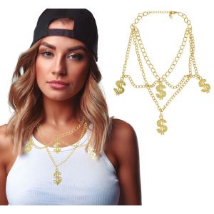 Collier Chaine M&eacute;tal 4 Pendentifs Dollar Usa Or - Neuf