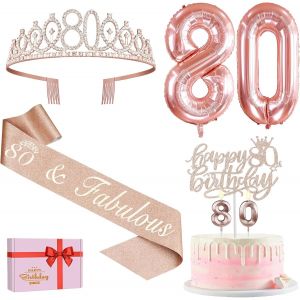 ChenQuanSarl-Décoration D'Anniversaire Pour Femme 80 Ans, Écharpe Et Couronne, Décoration De Gâteau D'Anniversaire, Ballon 80 Ans, Cadeau Pour Femme De 80 Ans, Décoration De Fête D'Anniversaire - Neuf
