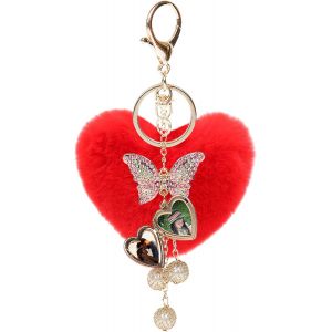 KAL-Porte-Clé À Pompon En Peluche Personnalisé Coeur Porte-Clef Pendentif Avec Papillon Cristal Pour Anniversaire Noël Fêtes Des Mères - Neuf