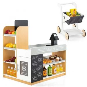 COSTWAY Supermarch&eacute; en Bois pour Enfants avec Chariot de Courses 2 Tableaux Noirs, Caisse Enregistreuse, &Eacute;tag&egrave;res de Pr&eacute;sentation - Neuf