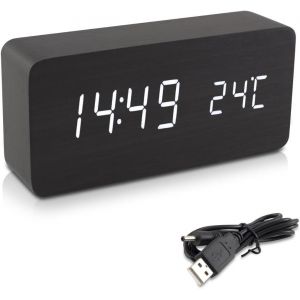 R&eacute;veil Bois LED-Horloge Digitale Aspect Bois-R&eacute;veil Matin Tactile avec Fonction Date Heure Temp&eacute;rature-Rectangle Noir et LED Blanc.[L47] - Neuf