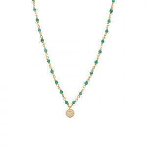 Collier Argent Dor&eacute; M&eacute;daillon Serti Blanc Et Pierre Onyx Vert - Neuf