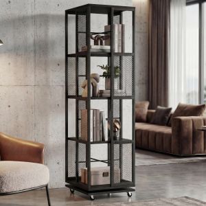 &Eacute;tag&egrave;re &agrave; livres HWC-P13, &eacute;tag&egrave;re sur pied, &eacute;tag&egrave;re pivotante, roulettes pivotantes, m&eacute;tal industriel m&eacute;lamin&eacute; MVG 147x40x40cmnoir - Neuf