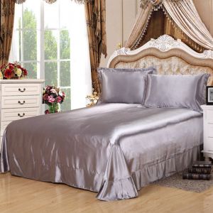 Hjlian Parure De Lit 4 Pieces En Satin De Soie, Couleur Unie, Housse De Couette, Drap, Taies D'oreiller, Queen Size (Gris) - Neuf