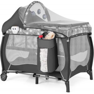 Lit Bébé 4 En 1, Arche De Jeu Et Boîte À Musique, Landau Avec Roulettes, Sac De Transport, Lit D'appoint Portable Avec Matelas Pliable, Table À Langer, Baldaquin, Pour Bébé Jusqu'à 36 Mois - Neuf