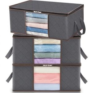 Lot de 3 Sac de Rangement Vetement 35L, Bo&icirc;te de Rangement sous lit Pliable, Housse Rangement Couette Organisateur de Placard, Gris - Neuf
