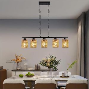 SUBZONAL-Suspension Rotin Noir 5 Flammes , Lustre Salon Vintage Boho Hauteur R&eacute;glable Campagne Luminaire Salle a Manger R&eacute;tro E27 Lampe Suspendue de Cuisine Grande pour Restaurant Chambre Couloir Lon - Neuf