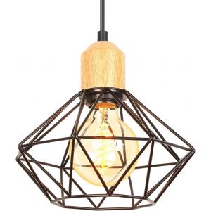 KAL-Suspension Luminaire Industrielle, Lustre Plafonnier Interieur Vintage Plafond Abat-Jour Bois Et Métal 220Mm Lampe E27 Corde Ajustable Pour Salon Cuisine - Neuf