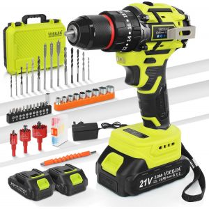 Ulteronixshop-Perceuse Visseuse Sans Fil 21V, Perceuse Percussion Brushless avec 2 Batteries 2000mAh, 65Nm Couple Max, 20+3 R&eacute;glages de Couple, 2 Vitesses, LED, Mandrin 10mm, 46 Accessoires et Valise - Neuf