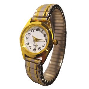 Montre Femme Bracelet M&eacute;tal Extensible Elastique Dor&eacute; Et Argent&eacute; Petit Cadran Fond Blanc - Neuf