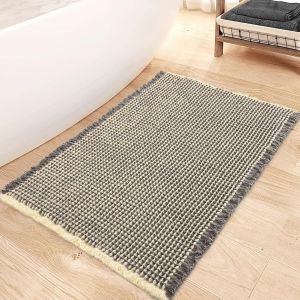 KAL-Tapis De Bain Et Tapis De Bain - 43 X 61 Cm - Super Absorbant - Antidérapant - Lavable En Machine - Avec Pompons - Style Bohème - Pour Baignoire, Lavabo, Entrée, Beige Et Gris - Neuf