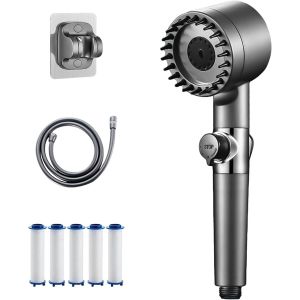 LKJKJ-Pommeau de Douche Haute Pression Économique, Flexible PVC 1.8m, 4 Jets Réglables + Filtre Anti-Calcaire, Bouton Stop, Support Murale - Chrome - Neuf
