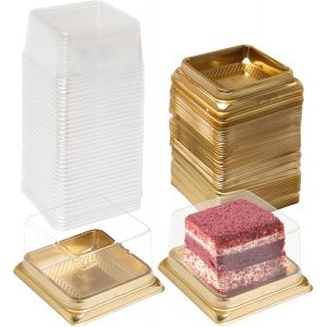 Letnerny-Lot De 50 Mini Boîtes À Cupcakes Individuelles Transparentes En Plastique Transparent Pour Gâteaux De Lune, Biscuits, Muffins, Carrées, Dorées - Neuf