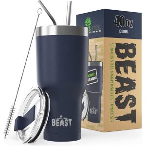 TIANYI-BEAST Mug Isotherme Cafe - 1050ml I Bleu marine I Acier Inoxydable I Réutilisable, Tasses Isothermes I 2 Pailles et Brosse Nettoyage I Thermos Cafés de Voyage Double Paroi I Café Chaud ou Glac - Neuf