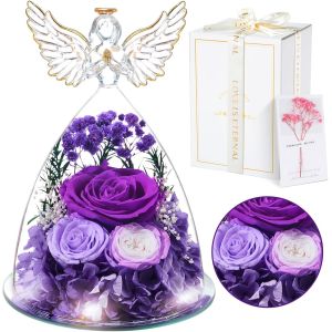 Rose Eternelle Cadeau Noel Femme, Fleur Pr&eacute;serv&eacute;es avec Ange Figurine, Idee Rosee Cadeau pour Elle, Maman Amie &Eacute;pouse S?ur Mamie, Cadeaux Noel, Saint Valentin, Fete des Meres, Anniversaire - Neuf