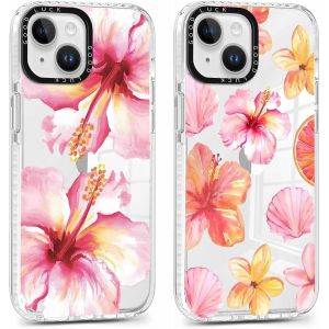 2 Pi&egrave;ces Coque pour iPhone 14/iPhone 13, &Eacute;tui de Protection avec Aesthetic Design Fleur Hibiscus Motif, TPU Transparente Femme Fille Housse Etui Bumper Cover pour iPhone 13 6,1'', Rose - Neuf