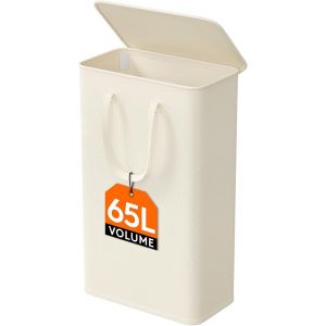 MEVRONISSHOP-Panier a Linge avec Couvercle, Panier &agrave; Linge Sale Pliable, Pani&egrave;re &agrave; Linge Extra Plat, Corbeille a Linge avec Poign&eacute;es Allong&eacute;es pour Chambre, Salle de Bain, Buanderie, 65 L, Blanc - Neuf