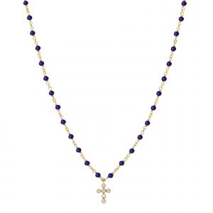 Collier Argent Dor&eacute; Croix En Zirconium Blanc Et Pierres Lapis - Neuf