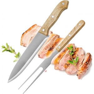 Kalanka-® Ensemble De Couverts À Découper 2 Pièces - Couverts À Griller En Acier Inoxydable Avec Manche En Bois - Couteau À Viande Et Fourchette À Viande (Set À Découper 2 Pièces - Bois) - Neuf
