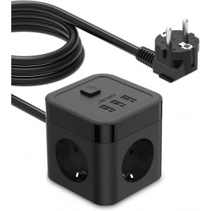 Cube Multiprise 3M avec USB 3 Prises avec 3 Ports USB Chargeur de Voyage Bloc Multiprise &eacute;lectrique avec Interrupteur 3680W 16A,Cable 3m pour Smartphone Tablette- Noir - Neuf