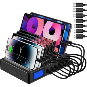 Station de Charge Rapide PD20W QC3.0 avec Ports USB Multiples, Station de Charge 7-en-1 pour Plusieurs Appareils avec &Eacute;cran LCD Compatible pour iPhone iPad Samsung Huawei et Plus (Noir) - Neuf