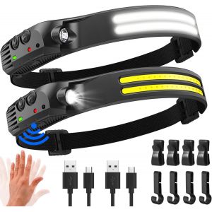 Lampe Frontale Led Ultra Puissante,2000 Lumens Éclairage 230° Torche Frontale Rechargeable Usb Capteur De Mouvement,Étanche Ipx5 Poids 0.14lb Léger,Pour Pêche,Camping,Cyclisme,Running 2 Pièces - Neuf