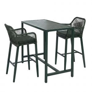Ensemble table haute + 2 tabourets de bar pour ext&eacute;rieur design moderne en m&eacute;tal et corde tress&eacute;e et coussin vert 04_0008706 - Neuf
