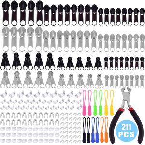 Mevronisshop-211 Pi&egrave;ces De R&eacute;paration Zipper Kit De Remplacement Fermeture &Agrave; Glissi&egrave;re Avec Fermeture &Eacute;clair Installer Pince Pour Sacs De Bricolage, Vestes, Sacs &Agrave; Dos, Bagages, Argent Et Noir - Neuf