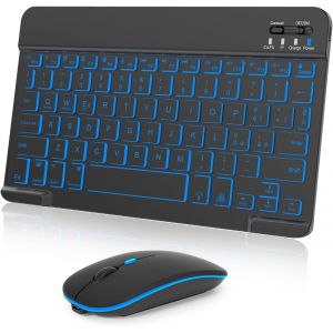 Clavier Et Souris Sans Fil, Clavier Bluetooth Universel Rétro-Éclairé Portable Ultra Fin Rechargeable, Pour Ipad/Tablette/Pc/Ios/Android/Windows/Samsung/Lenovo, Disposition Italienne, Noir - Neuf