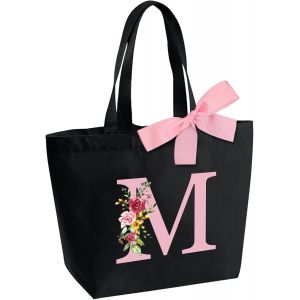 KALANKA-Sac Fourre-Tout Personnalis&eacute; avec Initiale, Sac Tote bag avec Noeud Papillon, Adapt&eacute; pour Mariage Vacances Voyage Anniversaire No&euml;l, Sac Cadeau Parfait pour femmes demoiselles d'honneur maman - Neuf