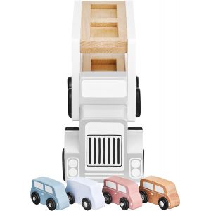 KAJGL-Camion Transporteur De Voitures En Bois Avec 4 Ve¿Hicules-Jouet E¿Ducatif Avec Pont E¿Le¿Vateur Et Remorque-Pour Enfants 3-5 Ans-Dimensions 33X13,5X8,5 Cm - Neuf