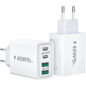 JGD-2Pack Chargeur USB C, 40W 4 Port Prise USBC Chargeur Rapide, Multi Secteur Double Port PD+QC Type C Adaptateur pour iPhone 16 15 14 13 12 11 Pro Max X XS XR 8 Plus Mini SE, iPad,Samsung Galaxy - Neuf