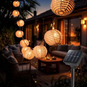 Guirlande Lumineuse Solaire,10 Boules En Rotin Led Solaire Lumineuse,8 Modes Lampe À Boule Solaire En Rotin Pour L'extérieur,Guirlande Lumineuse Exterieure,Blanc Chaud Lumineuse Solaire D'extérieur - Neuf